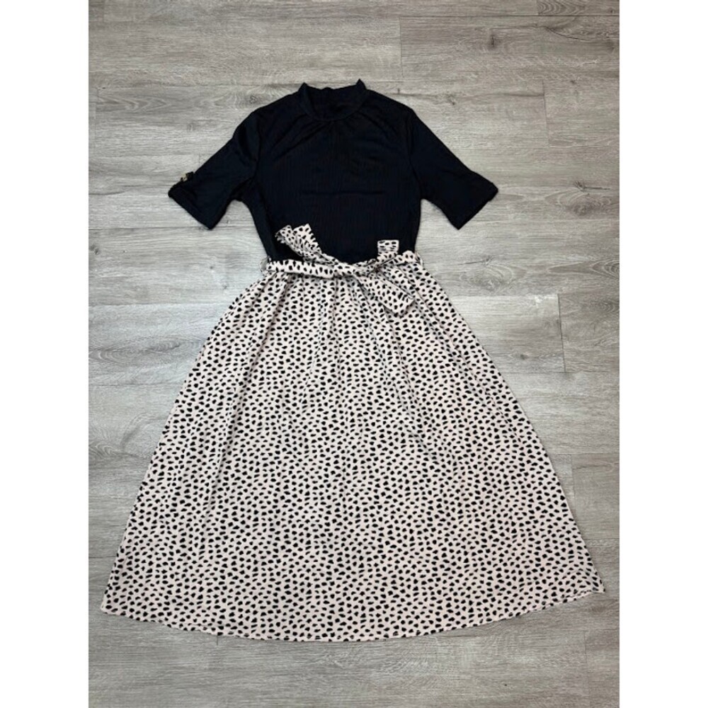 Mock Neck Midi Dress Animal Print Tie Waist Short Sleeve Size S
